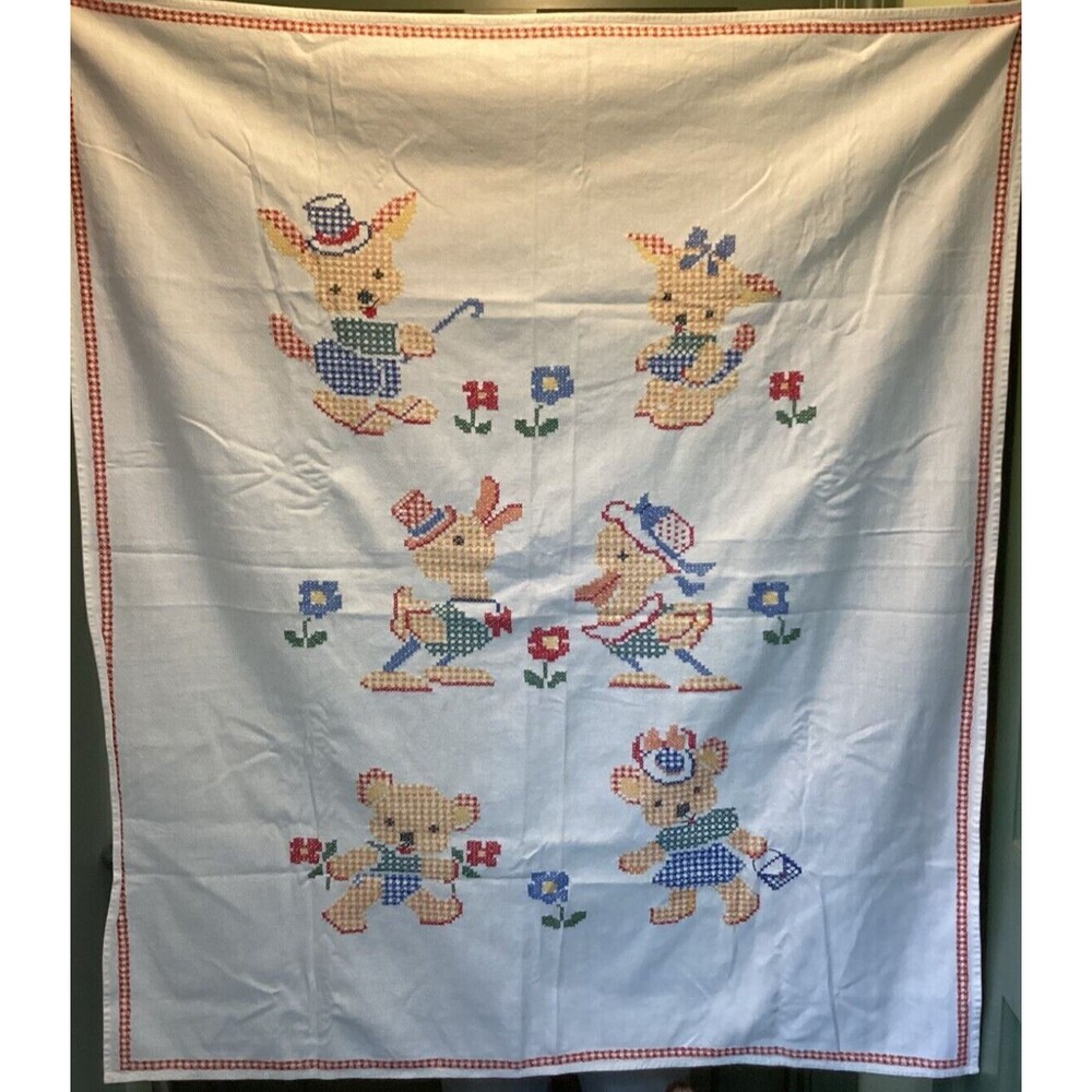 Handmade Square White Cross Stitch Baby Coverlet 46 X 40" Bear Duck & Dog
